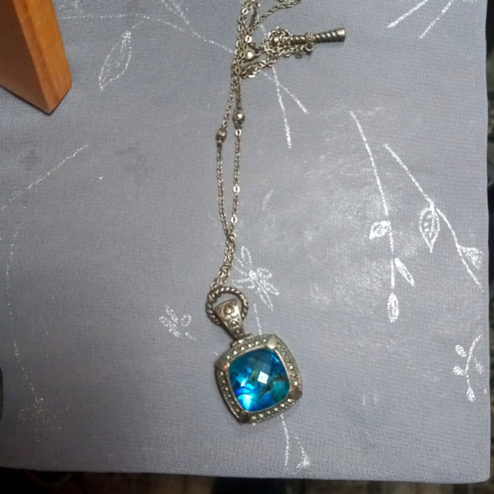 Judith Jack marcasite an aquamarine drop with antique silver and Onyx chain